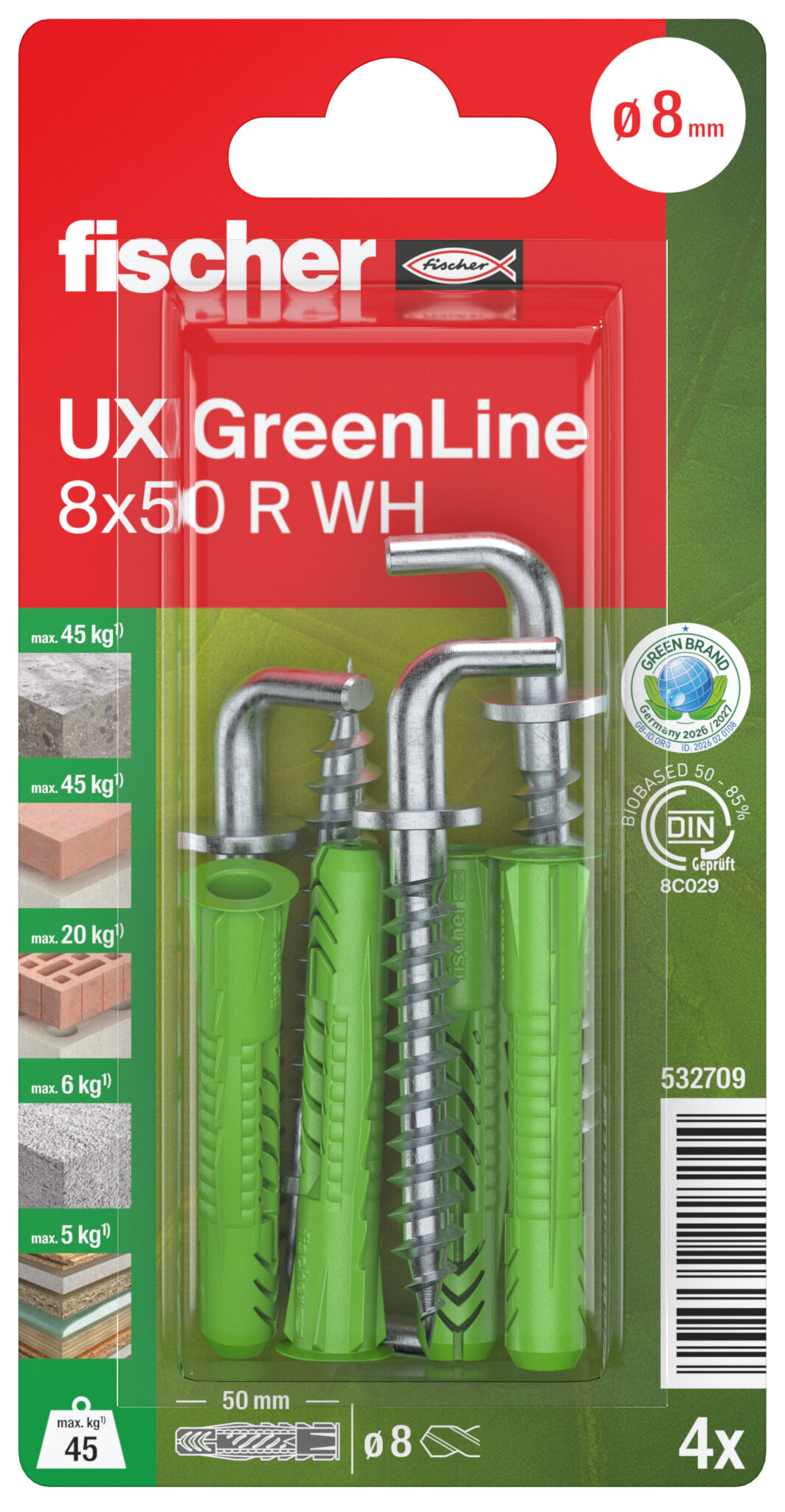 Packaging: "fischer Evrensel tapa UX Green 8 x 50 R WH kenarlı, köşeli kancalı SB kart"