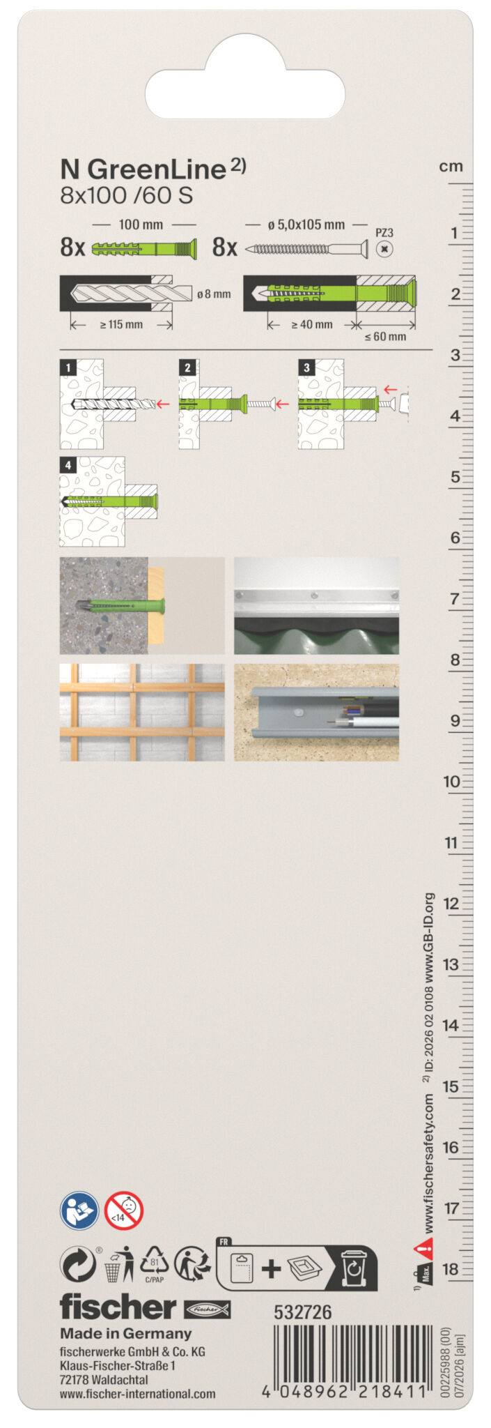 Packaging: "fischer nageplug N Green 8 x 100/60 S met verzonken kop"