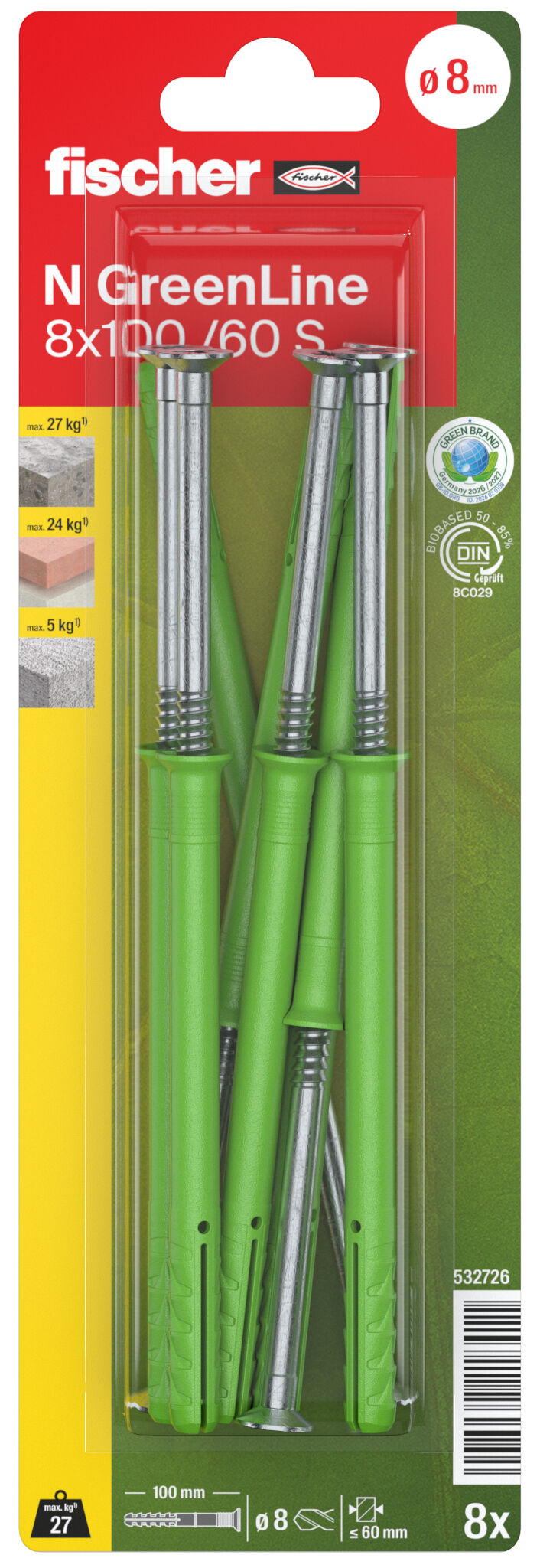 Packaging: "fischer nageplug N Green 8 x 100/60 S met verzonken kop"
