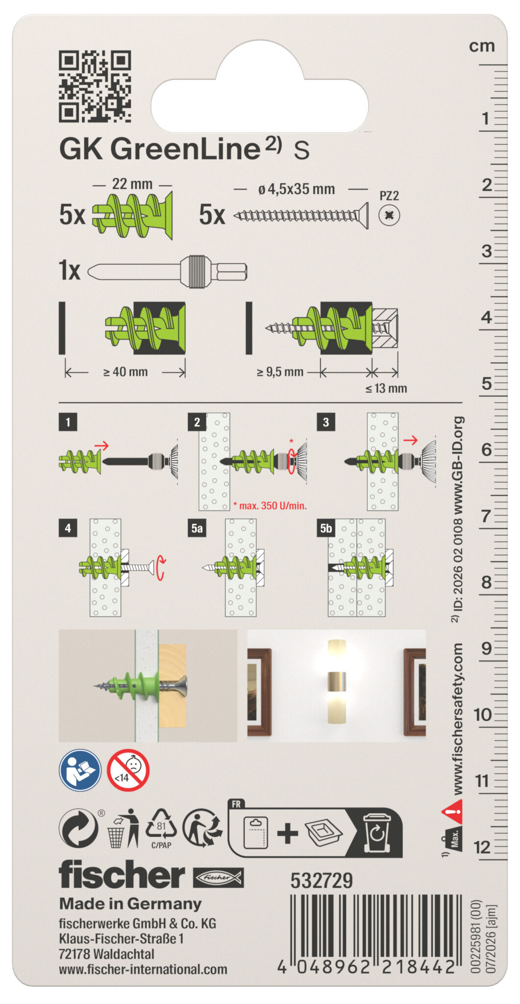 Packaging: "fischer plasterboard fixing GK GreenLine S with screw"