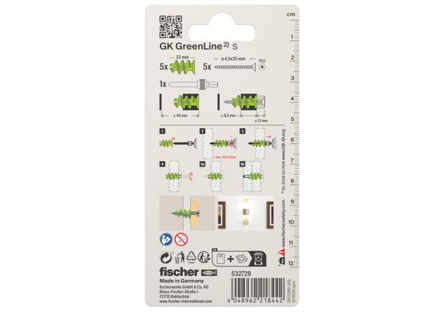Verpackung: "fischer Gipskartondübel GK GreenLine S mit Schraube"