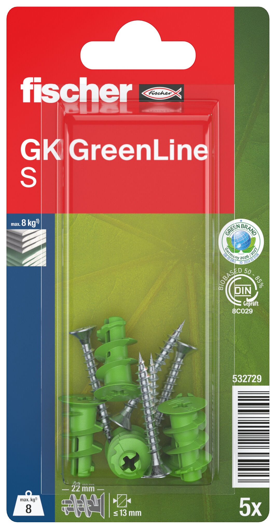 Packaging: "fischer plasterboard fixing GK GreenLine S with screw"