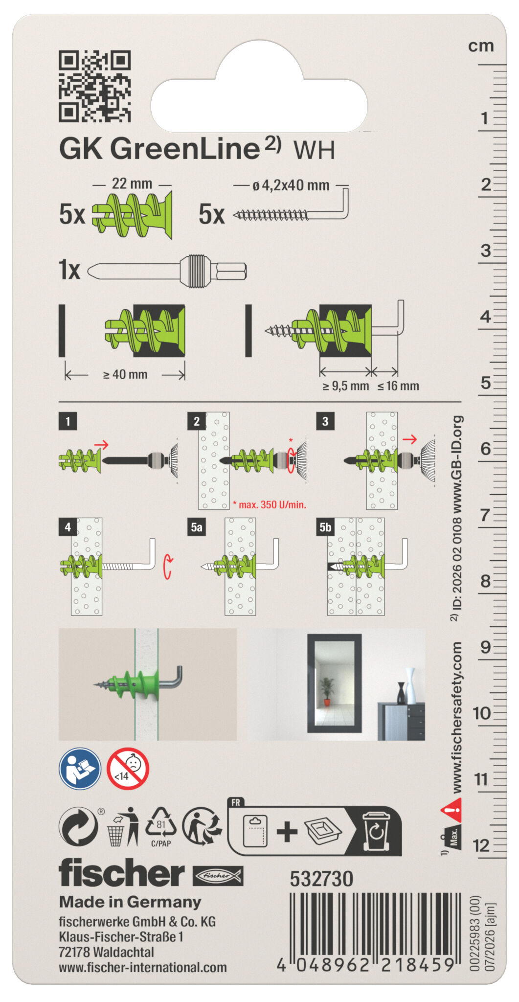 Packaging: "fischer plasterboard fixing GK GreenLine WH with angle hook"