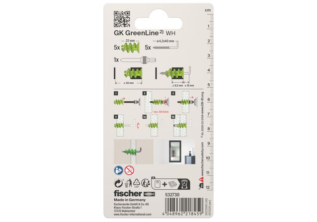Verpackung: "fischer Gipskartondübel GK GreenLine WH mit Winkelhaken"