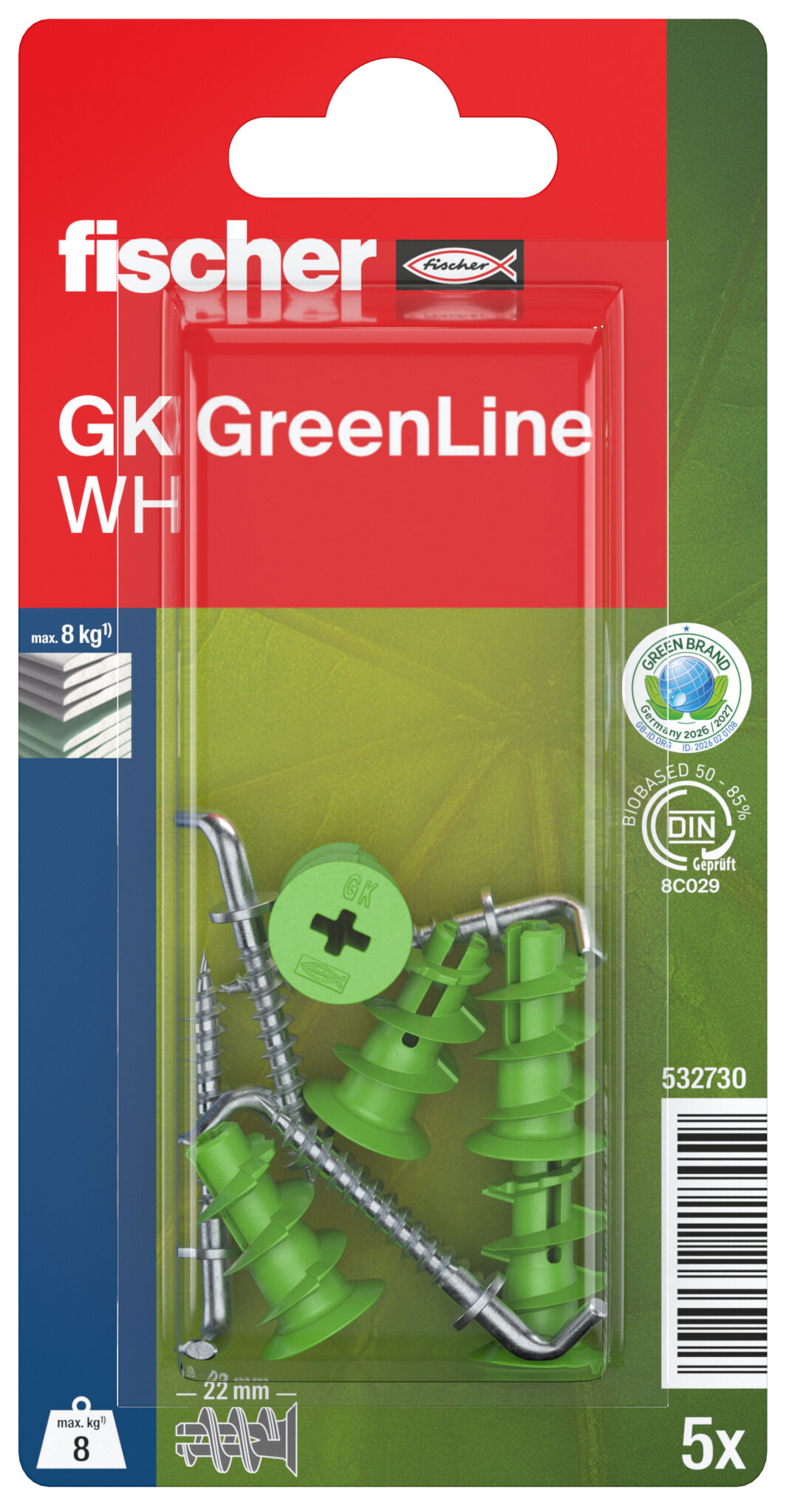Packaging: "fischer plasterboard fixing GK GreenLine WH with angle hook"