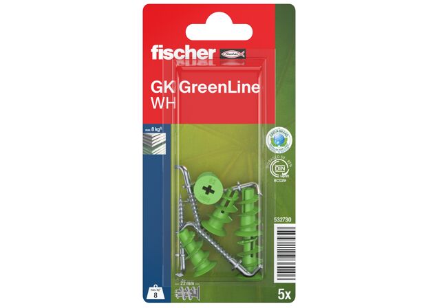 Verpackung: "fischer Gipskartondübel GK GreenLine WH mit Winkelhaken"