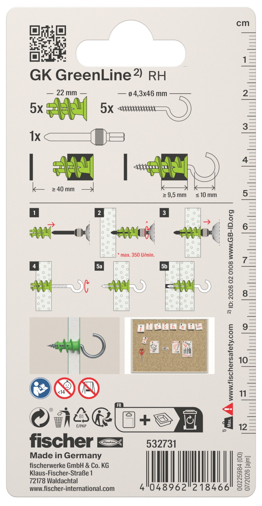 Packaging: "fischer plasterboard fixing GK GreenLine RH with round hook"
