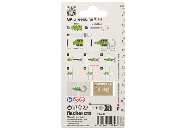 Verpackung: "fischer Gipskartondübel GK GreenLine RH mit Rundhaken"