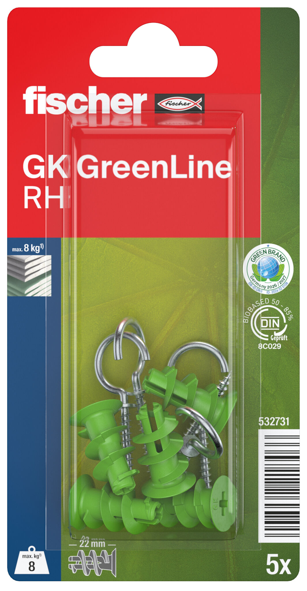 Packaging: "fischer plasterboard fixing GK GreenLine RH with round hook"