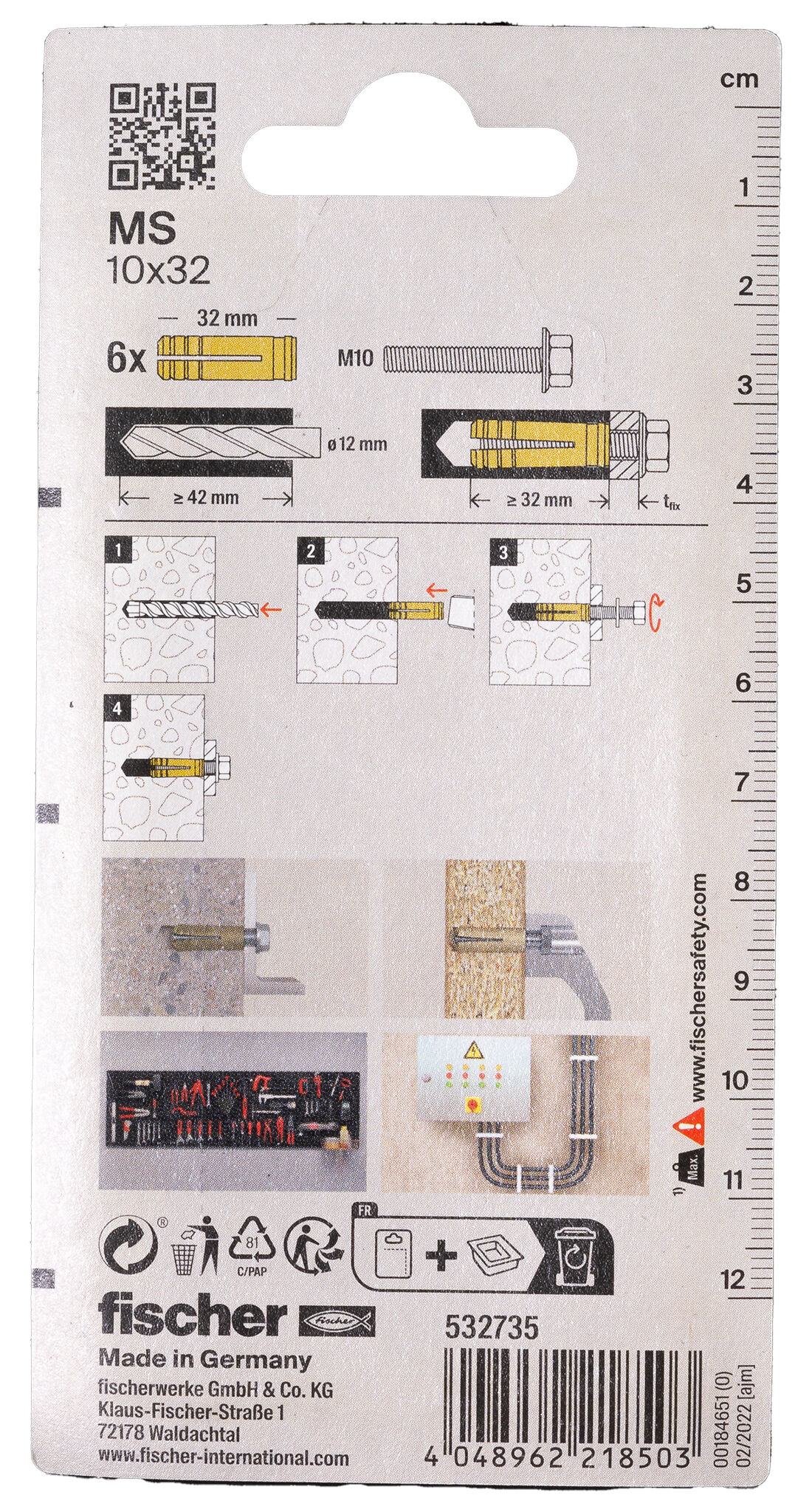 Packaging: "fischer Brass fixing MS 10 x 32 K SB-card"