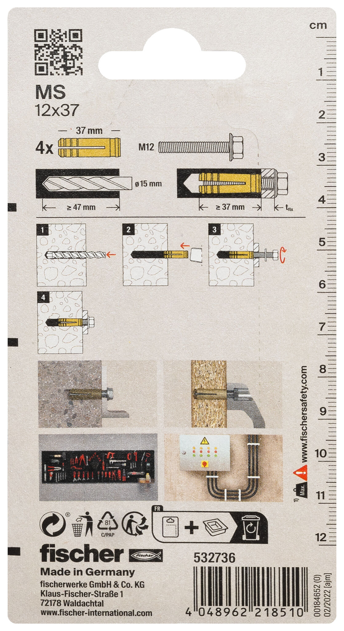 Packaging: "fischer Brass fixing MS 12 x 37 K SB-card"