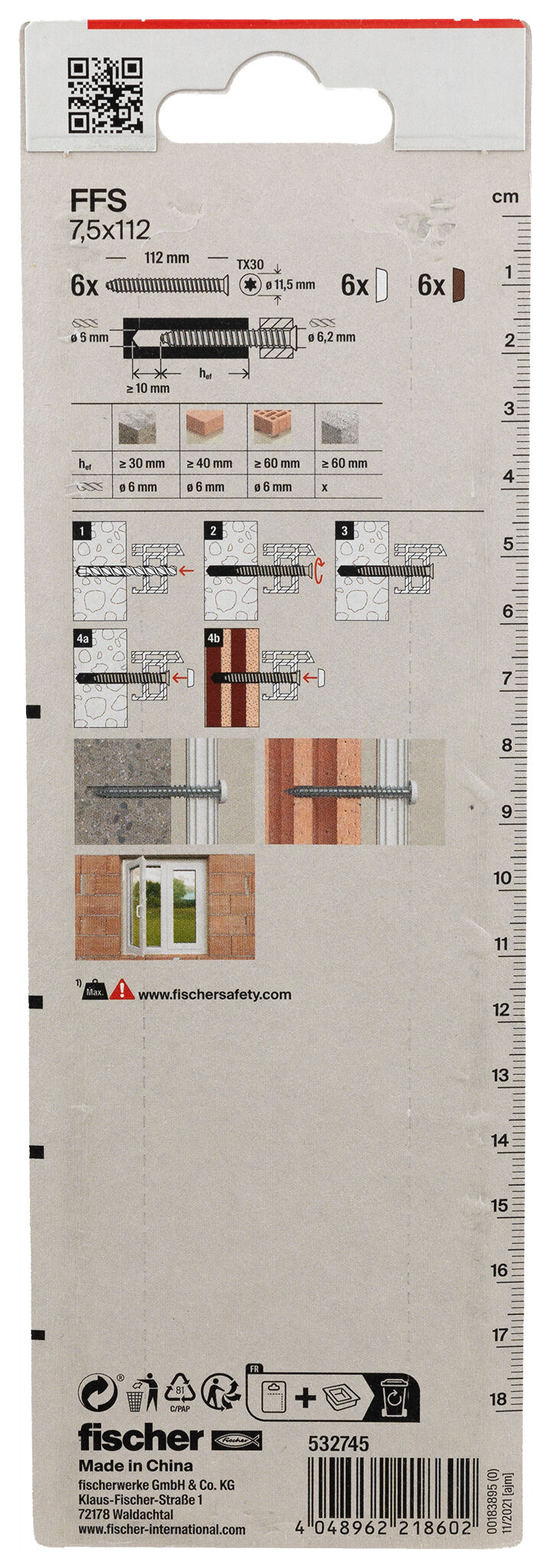 Packaging: "fischer Window frame screws FFS 7.5 x 112 TX30 K SB-card"
