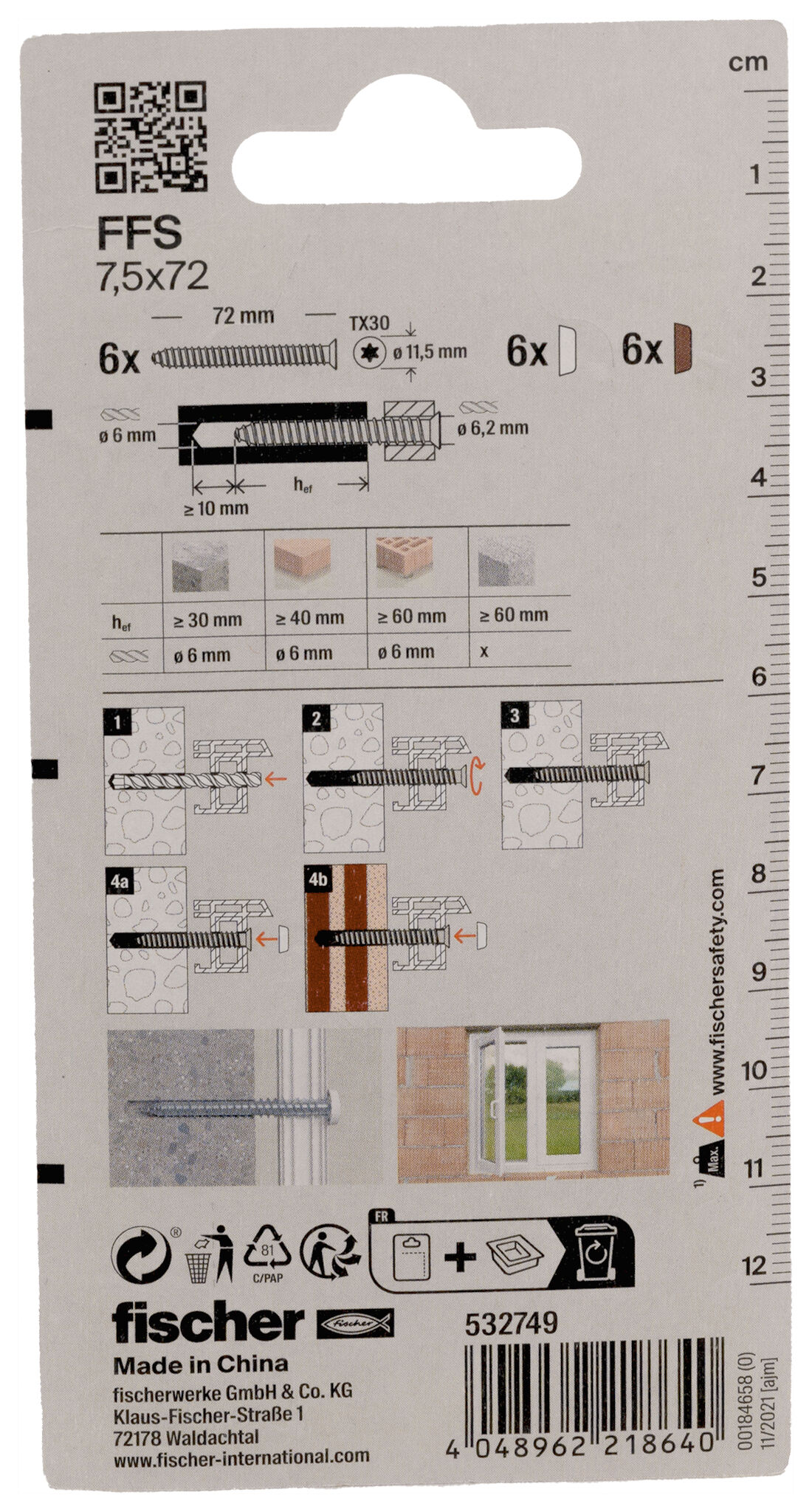 Packaging: "fischer Window frame screws FFS 7.5 x 72 TX30 K SB-card"