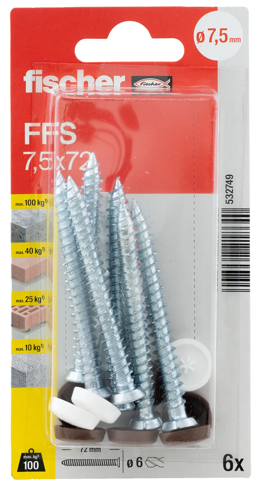 Packaging: "fischer Window frame screws FFS 7.5 x 72 TX30 K SB-card"