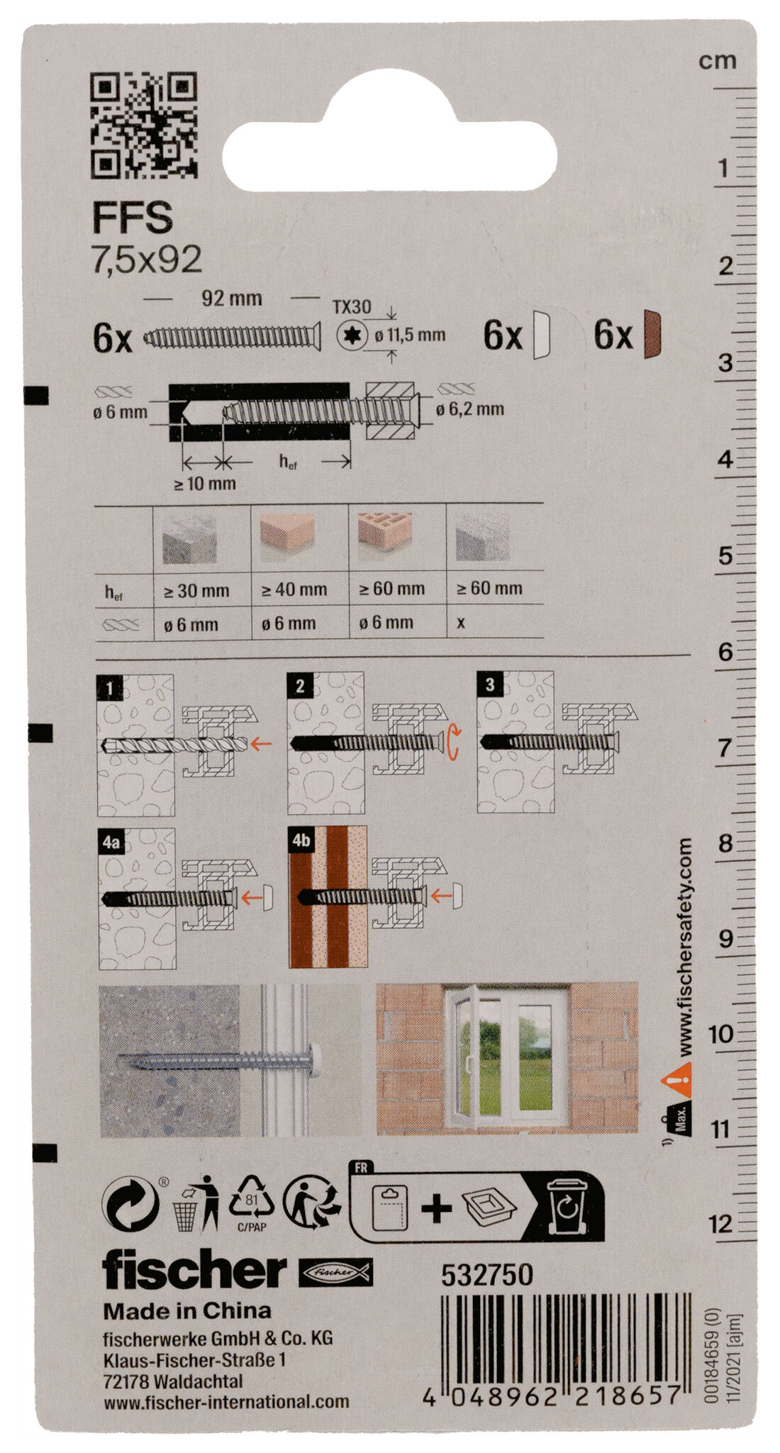 Packaging: "fischer Window frame screws FFS 7.5 x 92 TX30 K SB-card"