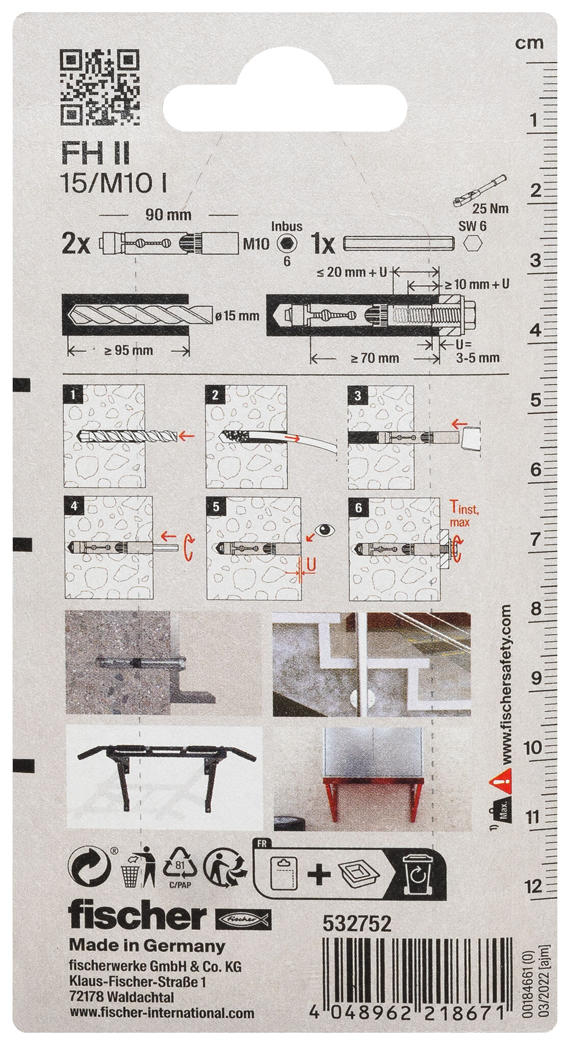 Packaging: "fischer High performance anchor FH II 15/M10 I with internal thread SB-card"