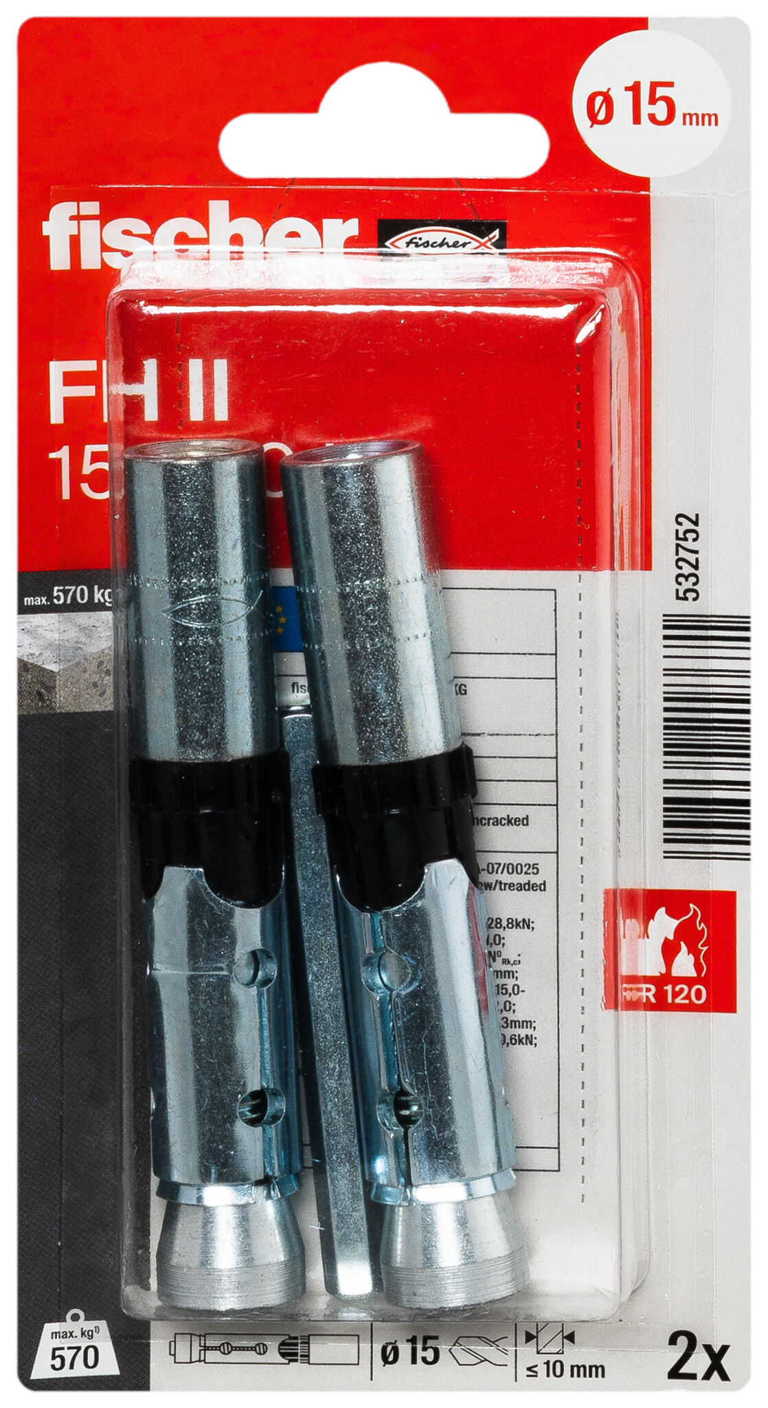 Packaging: "fischer High performance anchor FH II 15/M10 I with internal thread SB-card"