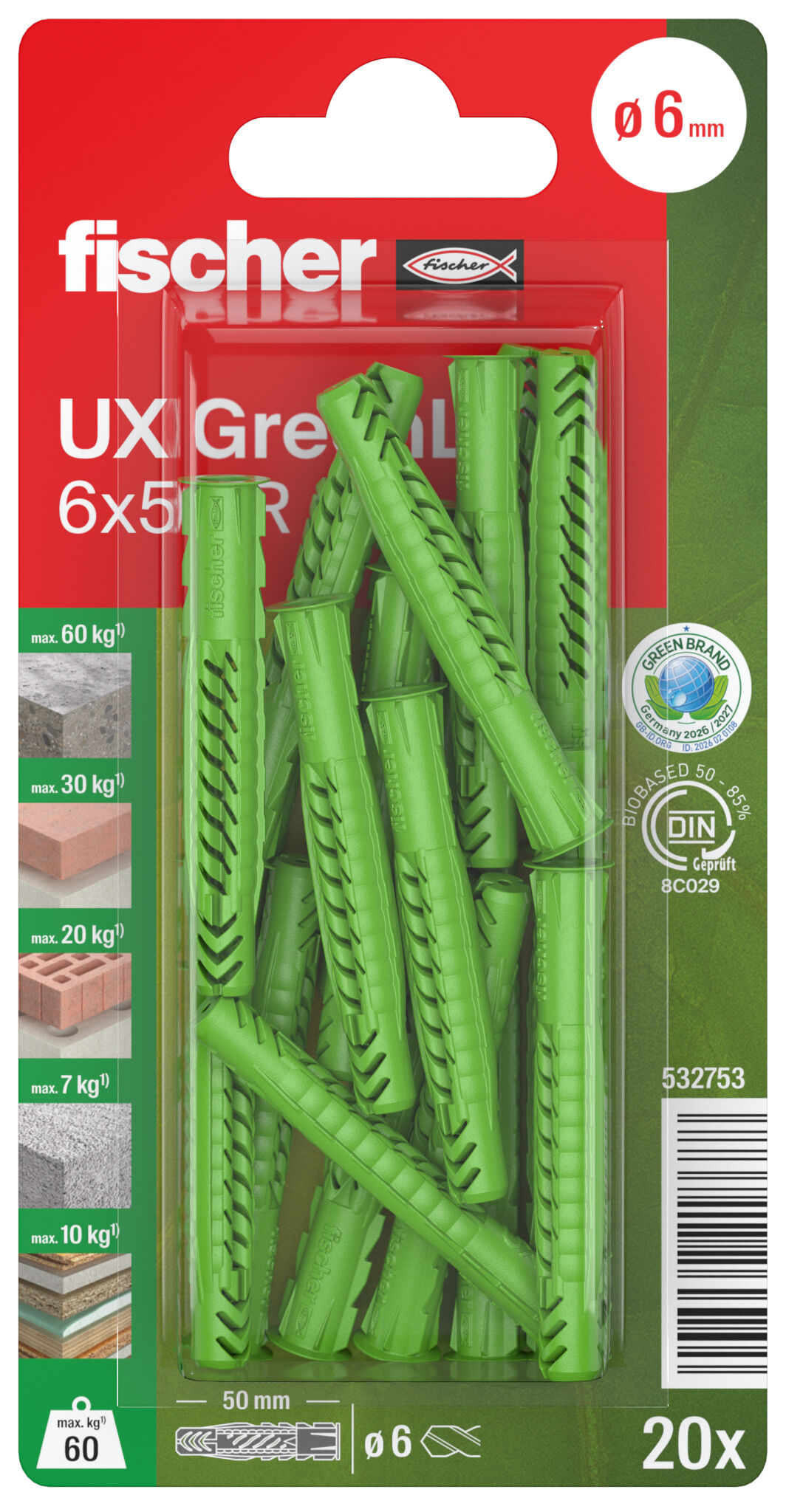 Packaging: "fischer universal plug UX GreenLine 6 x 50 with rim"