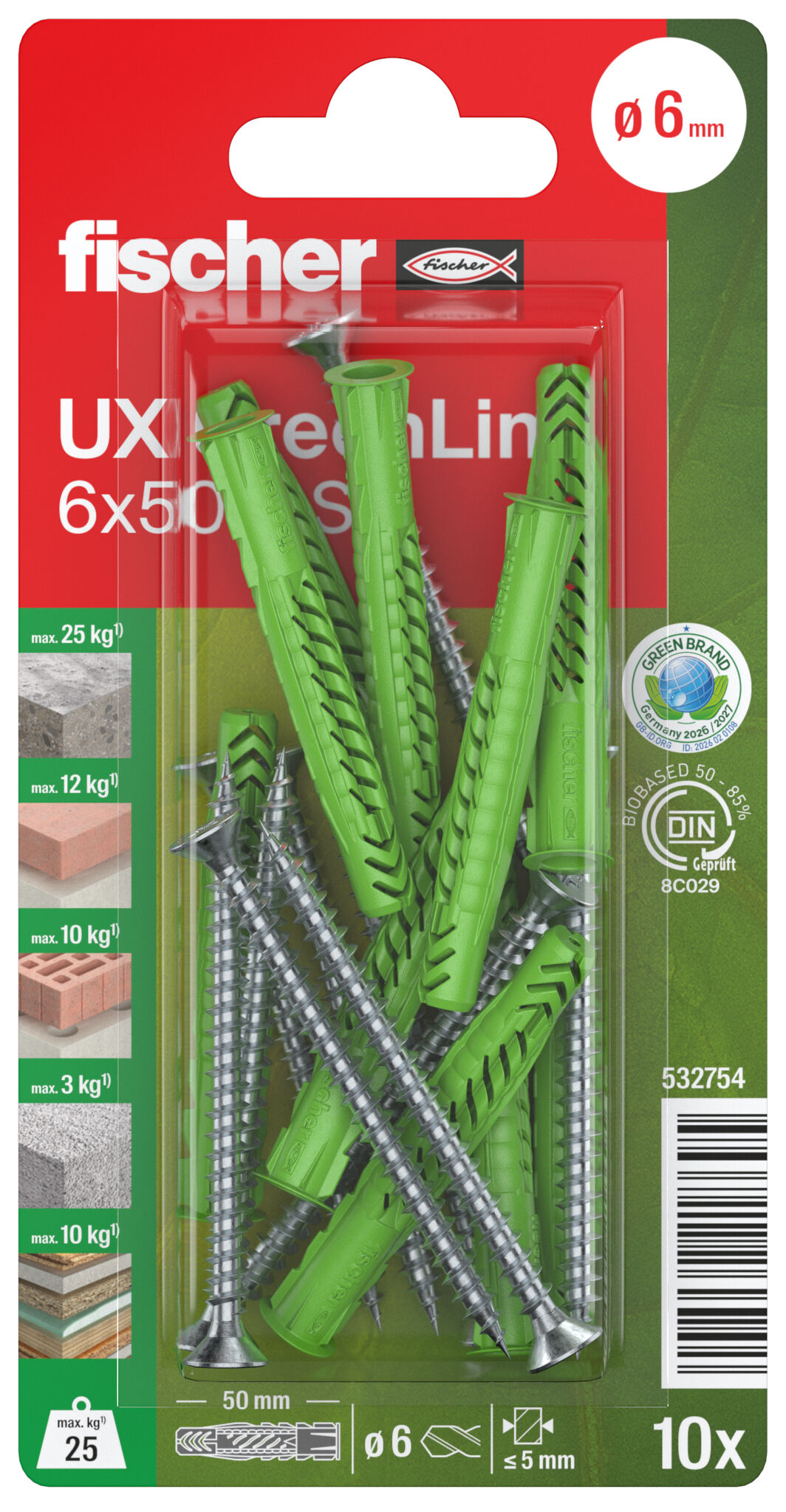 Packaging: "fischer Evrensel tapa UX Green 6 x 60 R S kenarlı ve vidalı"