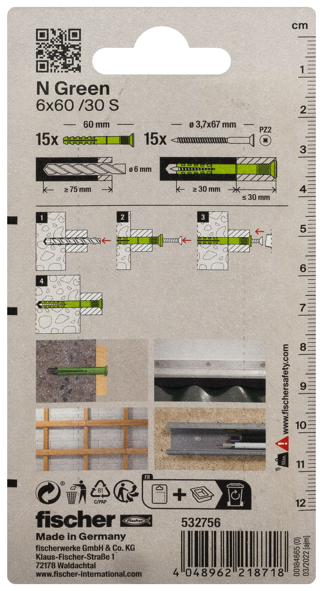 Packaging: "fischer Hammerfix N Green 6 x 60/30 S with countersunk head gvz K"