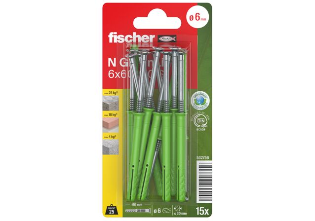 Verpackung: "fischer Nageldübel N GreenLine 6 x 60 / 30 S mit Schraube"