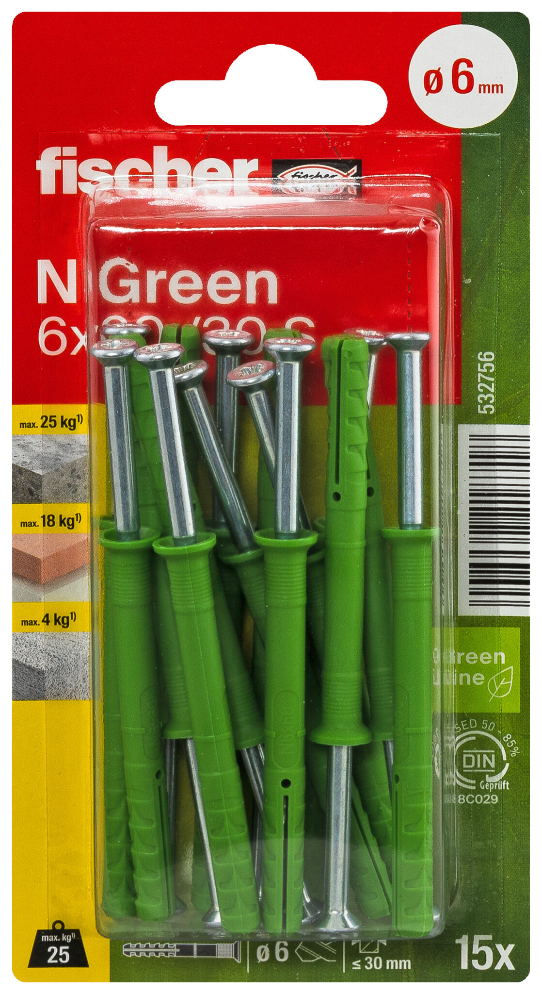 Packaging: "fischer Hammerfix N Green 6 x 60/30 S with countersunk head gvz K"