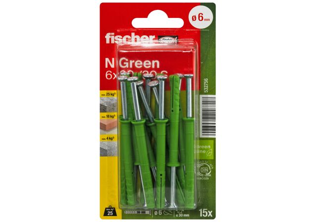 Verpackung: "fischer Nageldübel N Green 6 x 60 / 30 S"