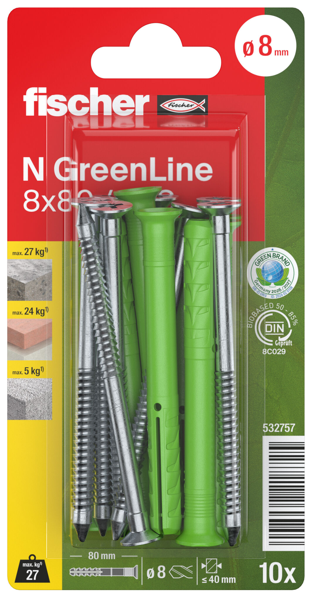 Verpackung: "fischer Nageldübel N GreenLine 8 x 80 / 40 S mit Schraube"