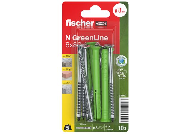 Verpackung: "fischer Nageldübel N GreenLine 8 x 80 / 40 S mit Schraube"