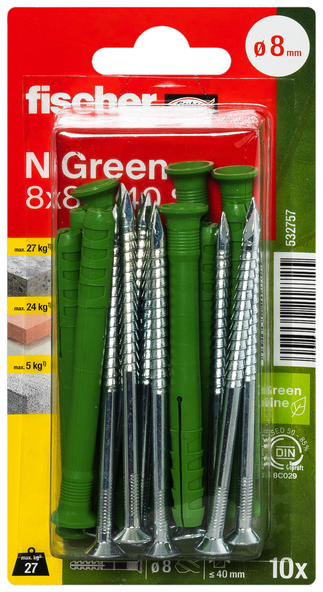 Packaging: "fischer Hammerfix N Green 8 x 80/40 S with countersunk head gvz K"