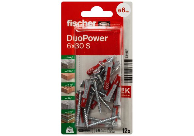 Packaging: "Cheville tous matériaux fischer DuoPower 6x30 S avec vis"