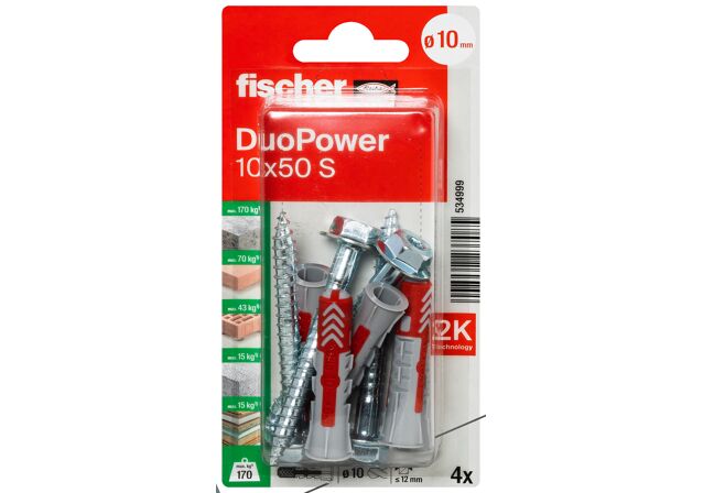 Packaging: "fischer kołek uniwersalny DuoPower 10X50 S z śrubą zabezpieczającą z łbem sześciokątnym"