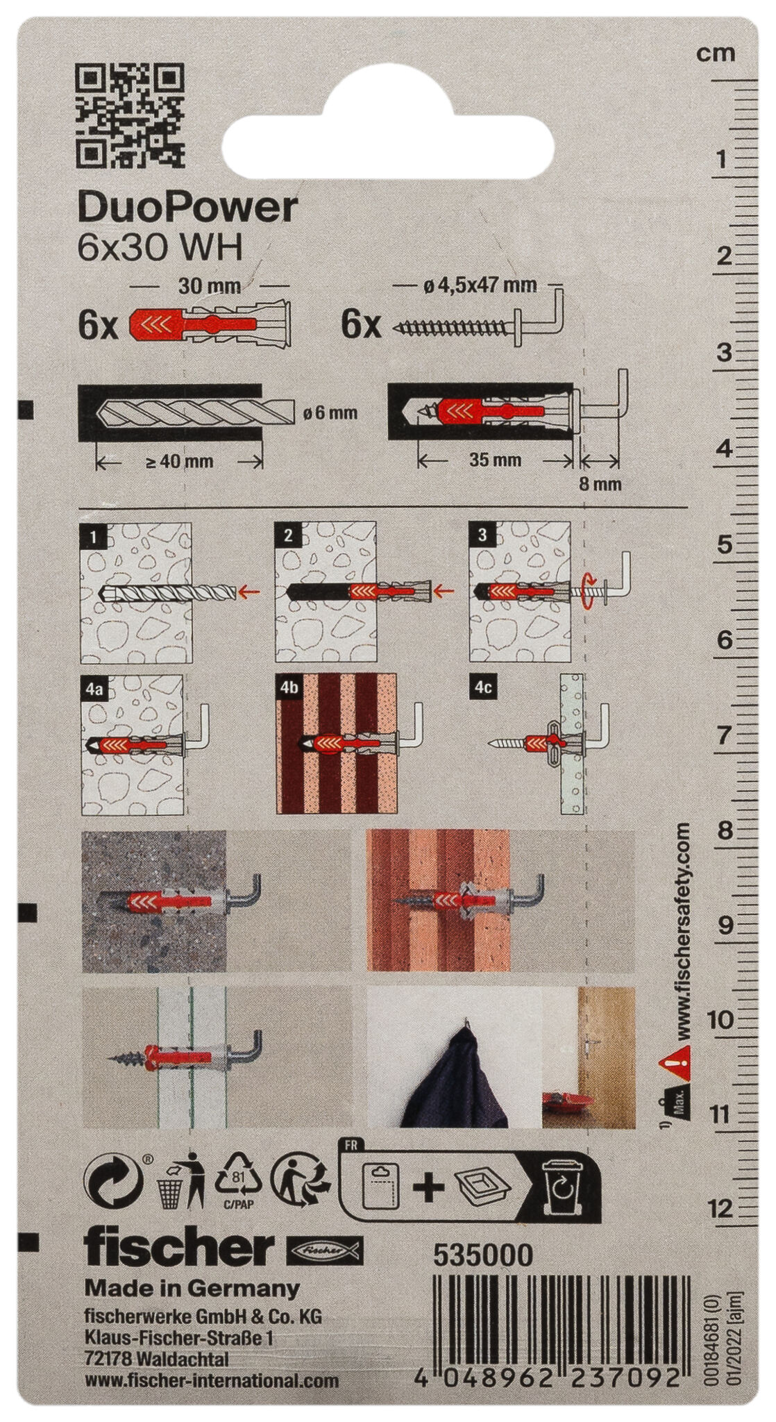 Verpackung: "fischer DuoPower 6 x 30 WH mit Winkelhaken"