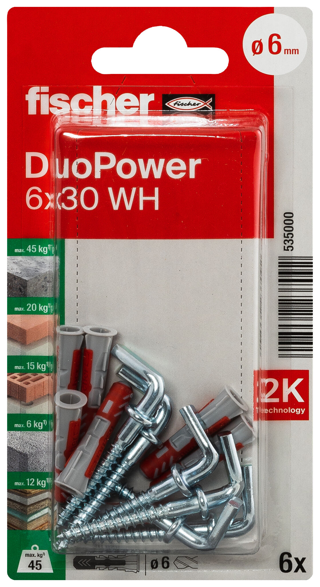 Verpackung: "fischer DuoPower 6 x 30 WH mit Winkelhaken"