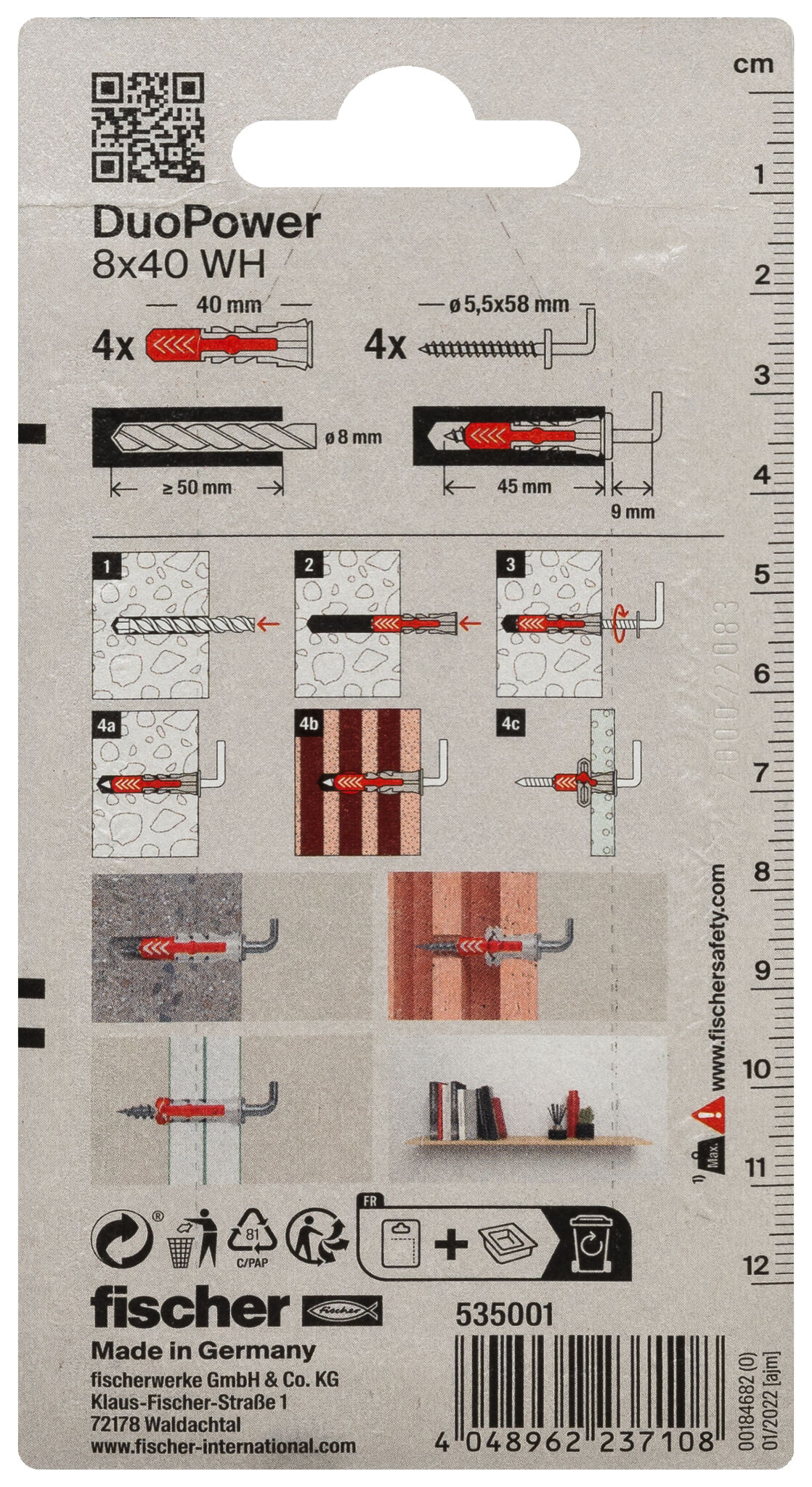 Verpackung: "fischer DuoPower 8 x 40 WH mit Winkelhaken"