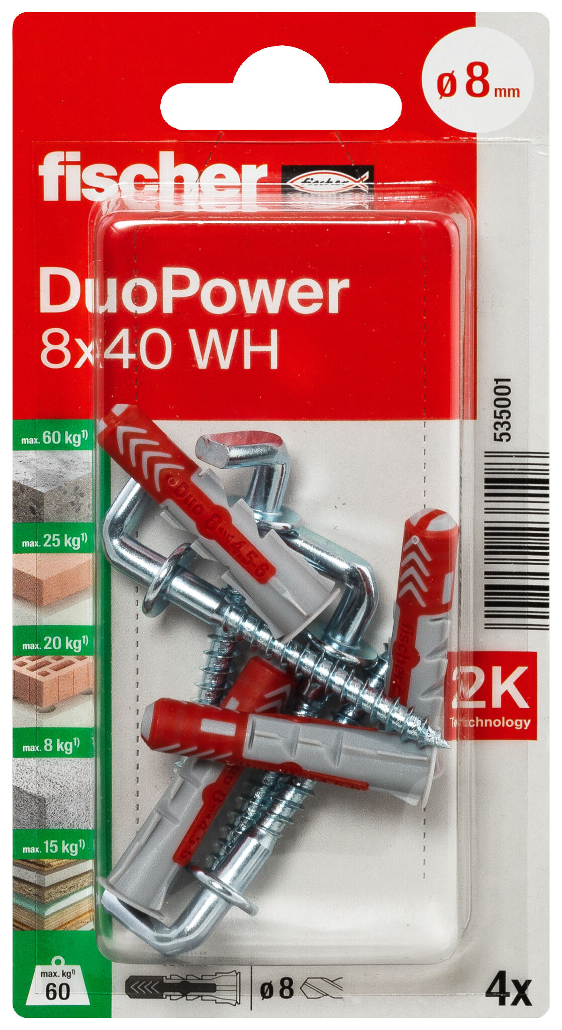 Verpackung: "fischer DuoPower 8 x 40 WH mit Winkelhaken"