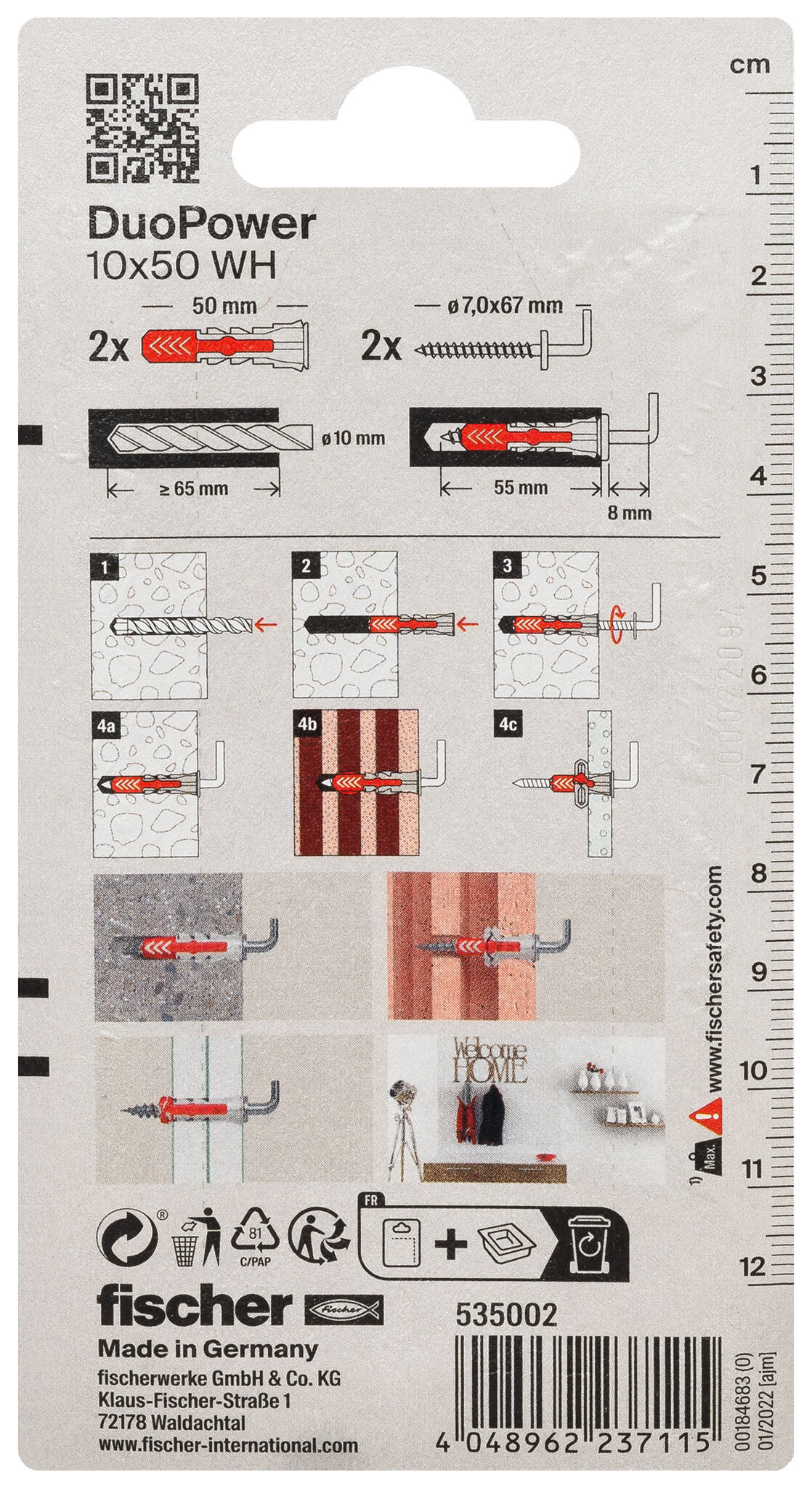 Verpackung: "fischer DuoPower 10 x 50 WH mit Winkelhaken"