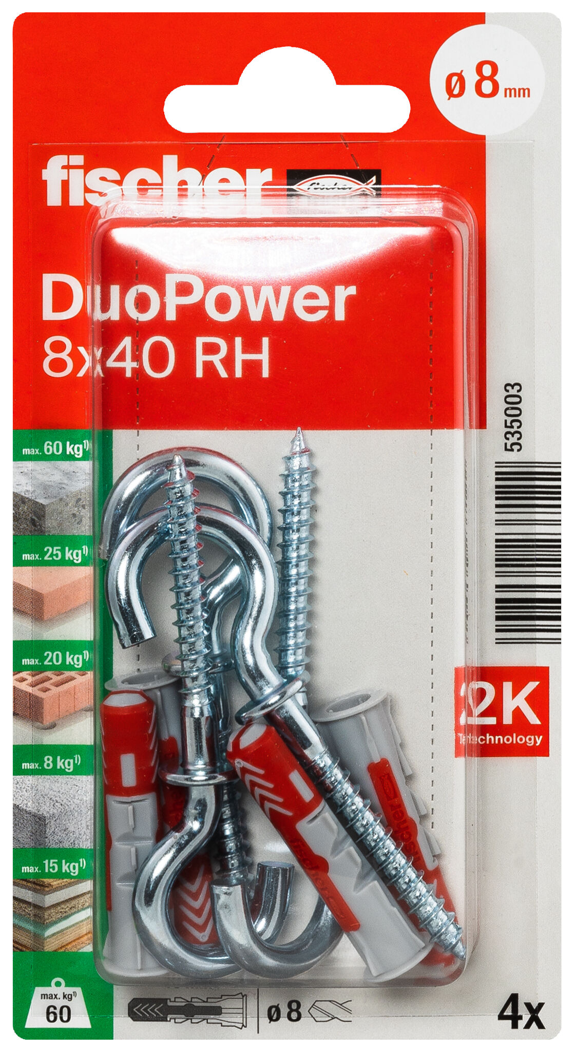 Packaging: "fischer DuoPower 8 x 40 RH, 원형 헤드 후크"
