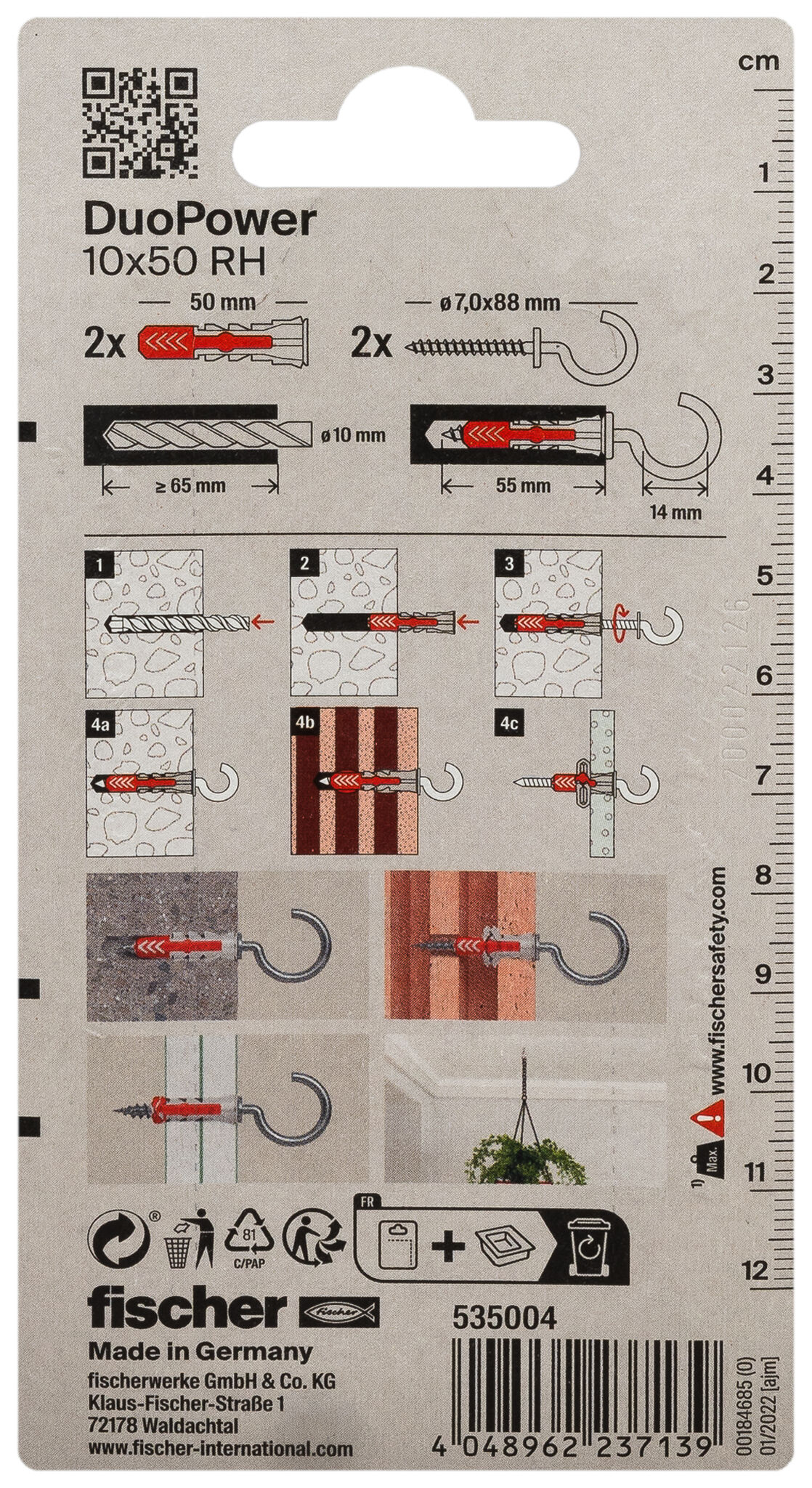 Verpackung: "fischer DuoPower 10 x 50 RH mit Rundhaken"