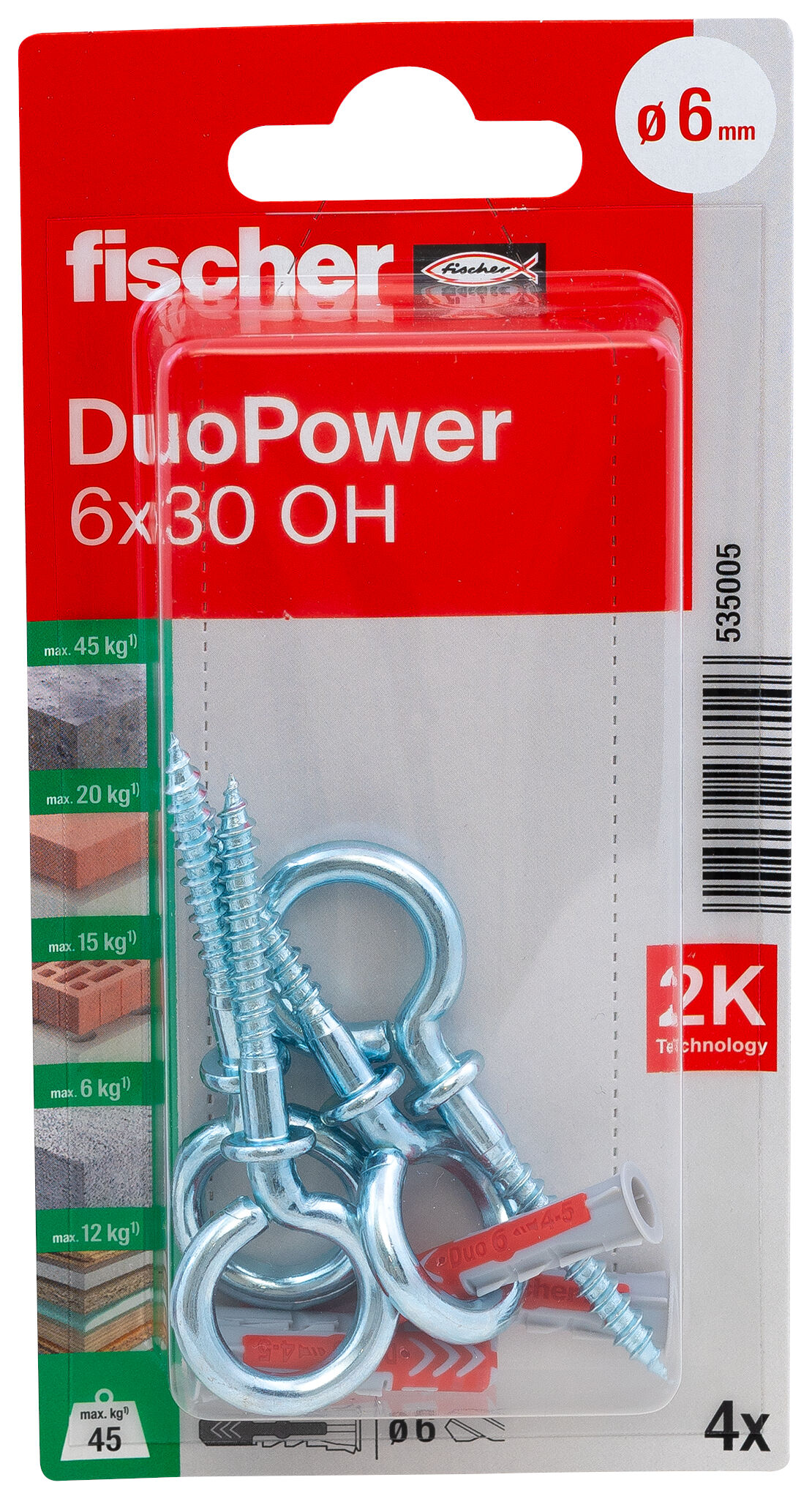 Verpackung: "fischer DuoPower 6 x 30 OH mit Ösenhaken"