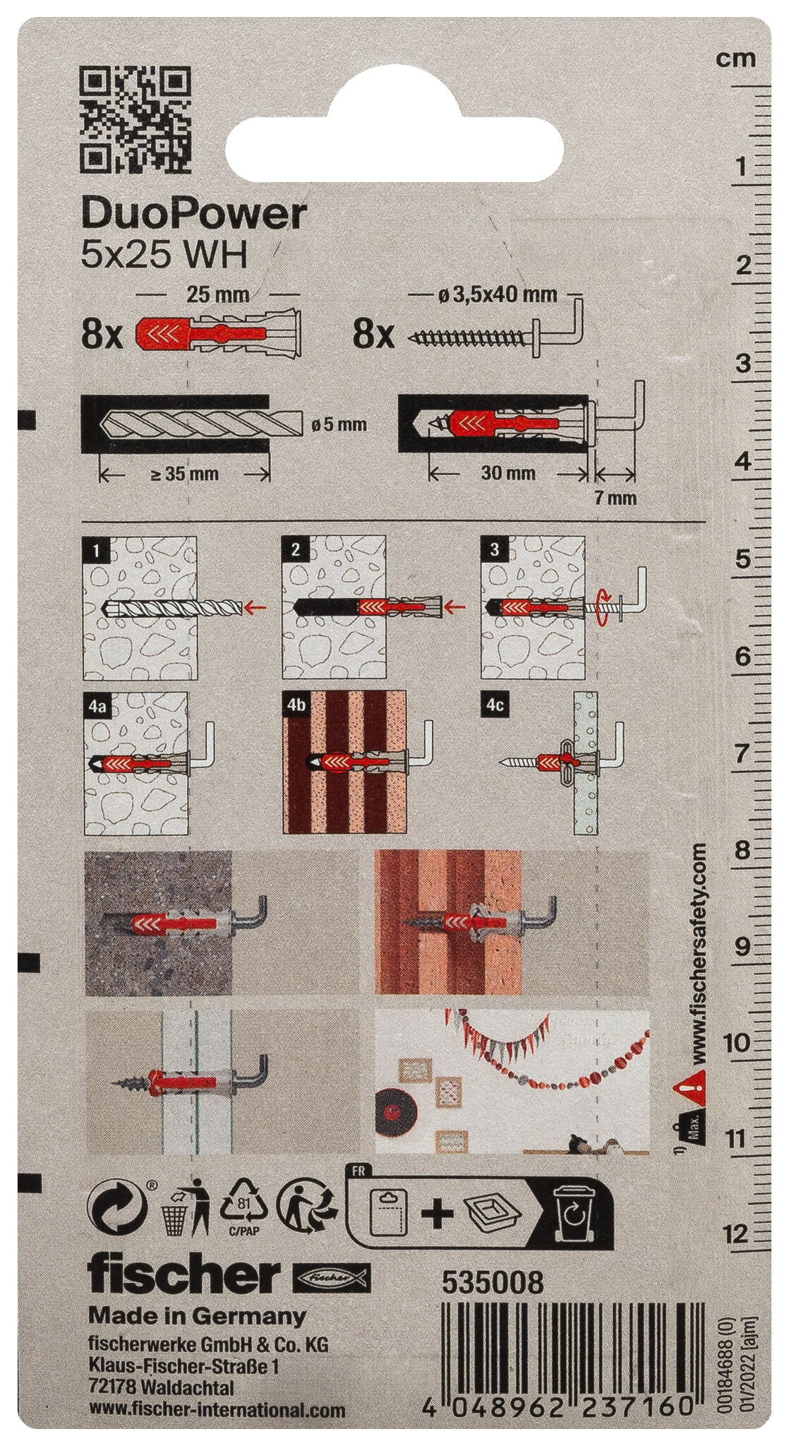 Packaging: "fischer DuoPower 5 x 25 WH with angle hook"