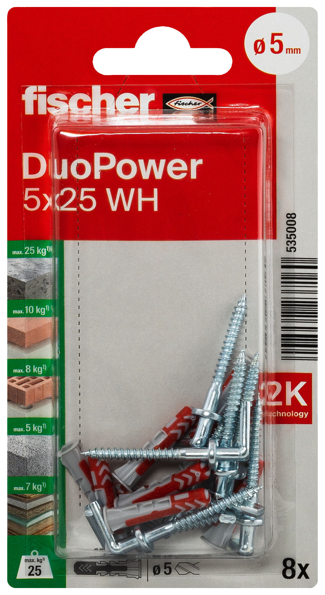 Packaging: "fischer DuoPower 5 x 25 WH with angle hook"