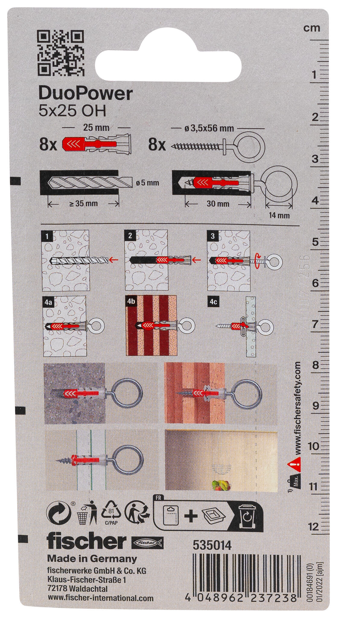 Packaging: "fischer DuoPower 5 x 25 OH with eye hook"