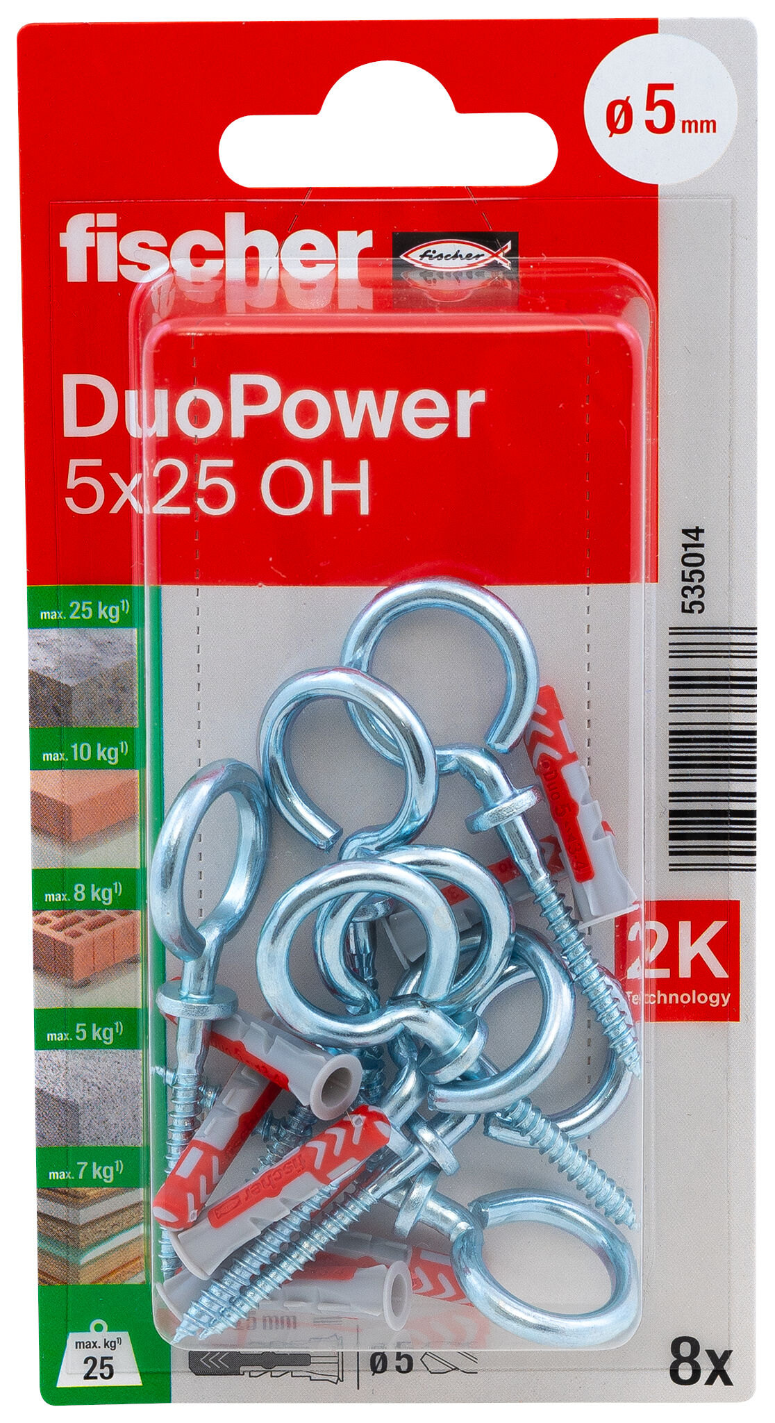 Packaging: "fischer DuoPower 5 x 25 OH with eye hook"