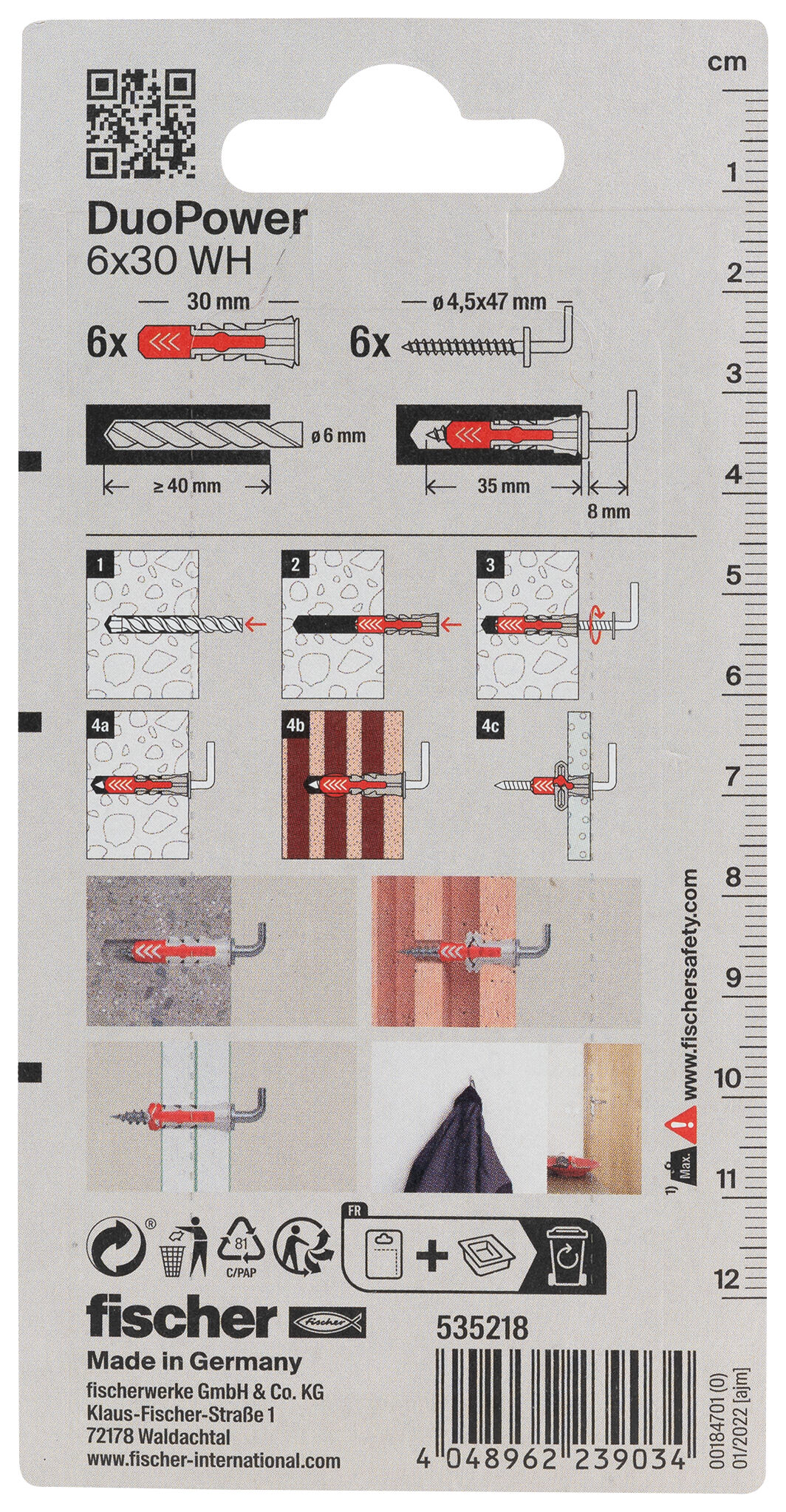 Packaging: "fischer DuoPower 6 x 30 WH with angle hook"
