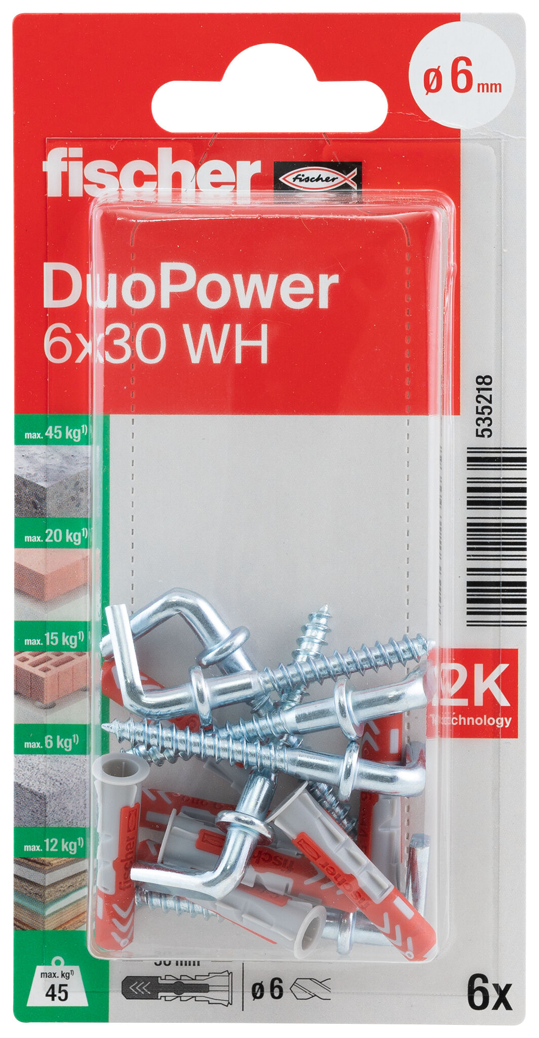 Packaging: "fischer DuoPower 6 x 30 WH with angle hook"