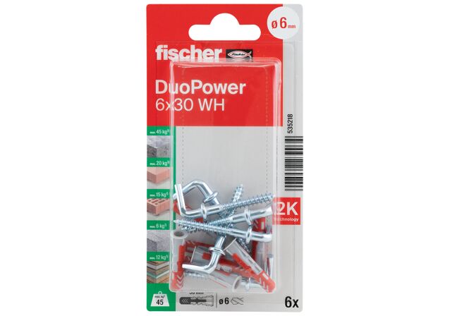 Packaging: "fischer DuoPower 6 x 30 WH with angle hook"