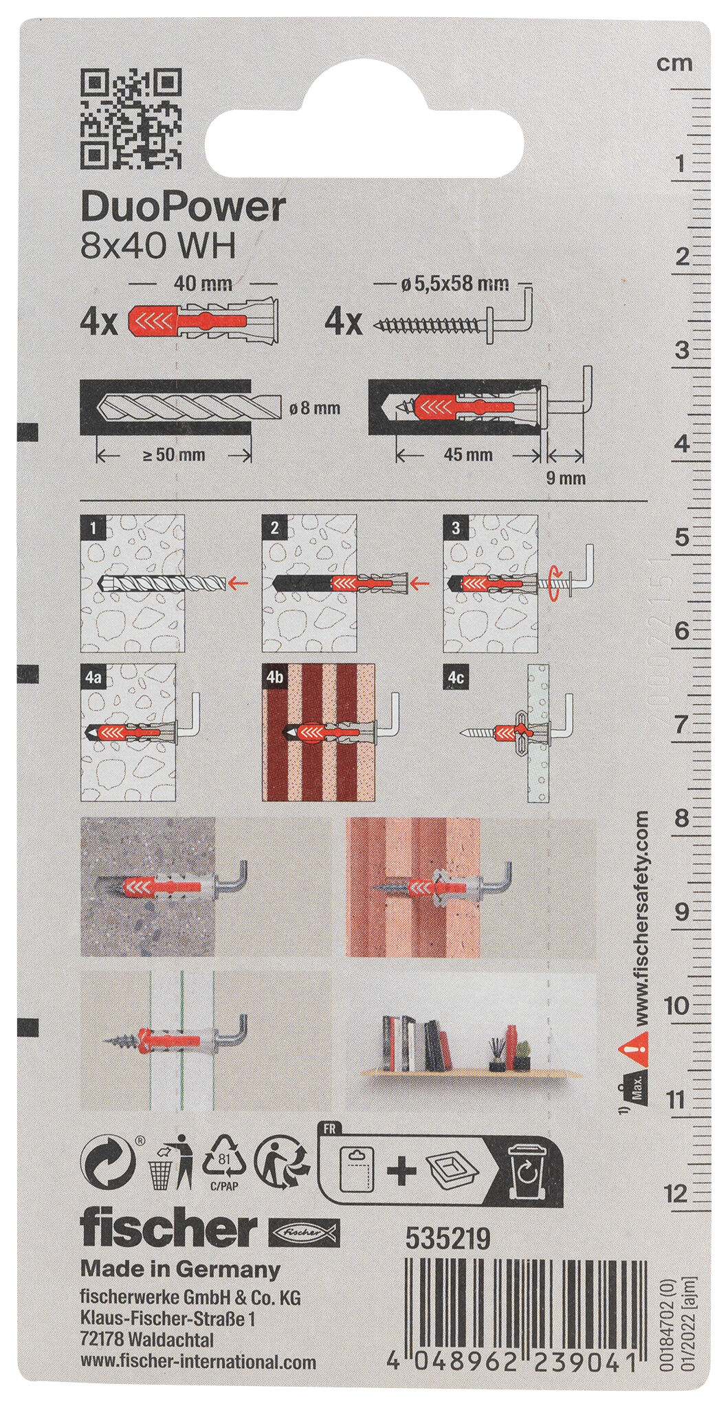 Verpackung: "fischer DuoPower 8 x 40 WH mit Winkelhaken"