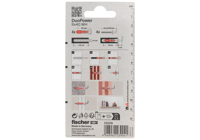 Packaging: "fischer DuoPower 8 x 40 WH with angle hook"