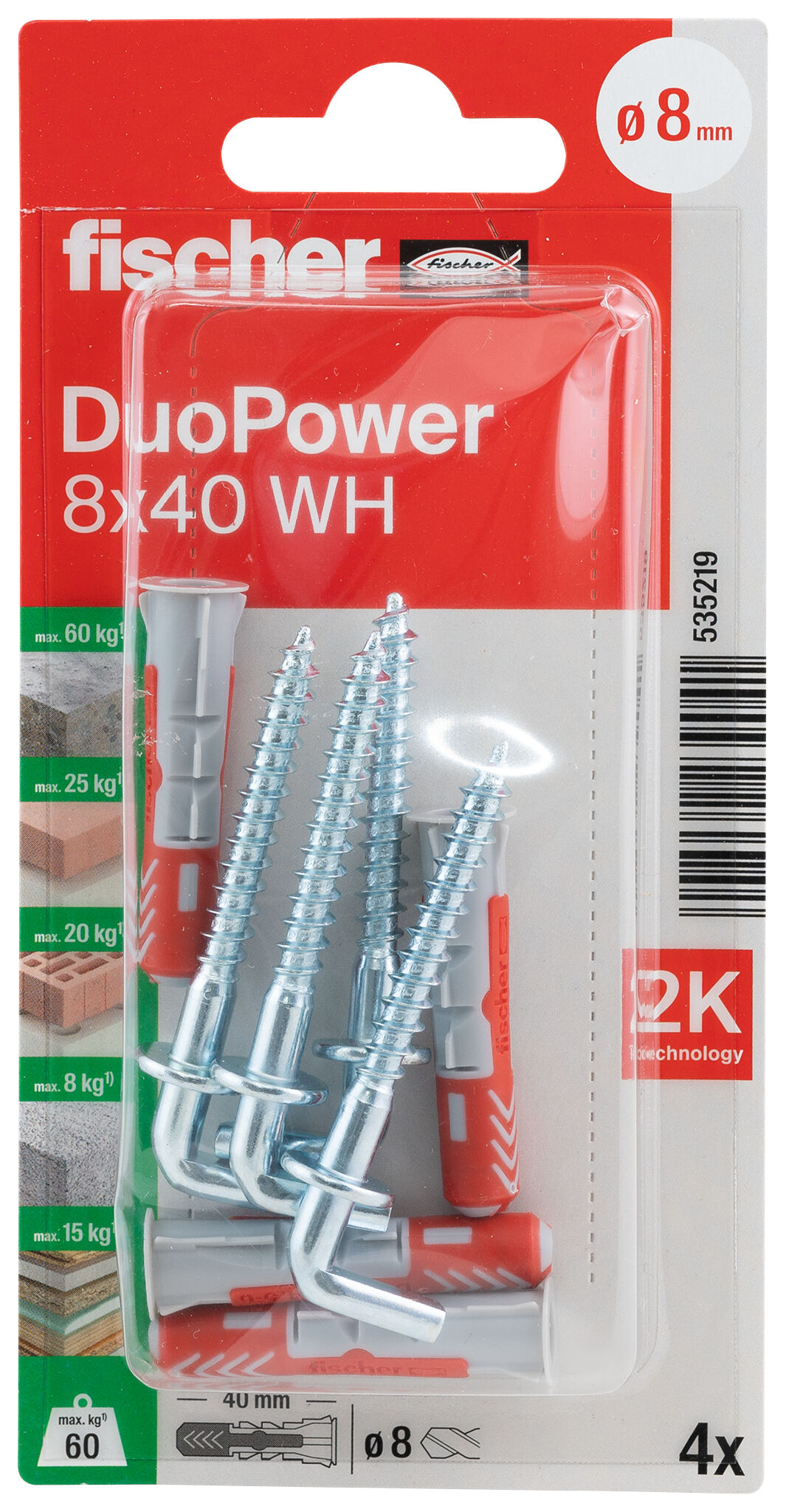 Verpackung: "fischer DuoPower 8 x 40 WH mit Winkelhaken"